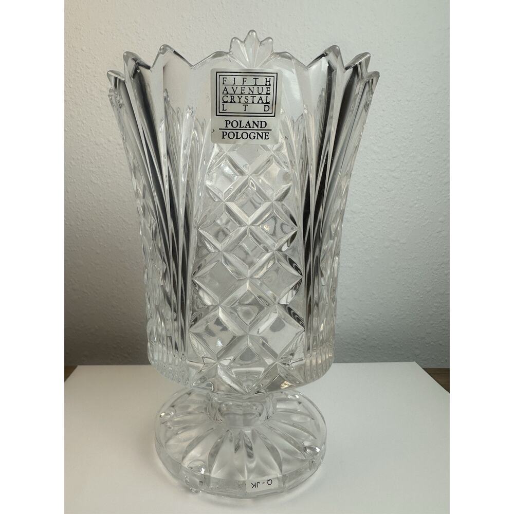 Fifth Avenue Crystal Vase Poland Cut Glass Pedestal Scalloped Rim